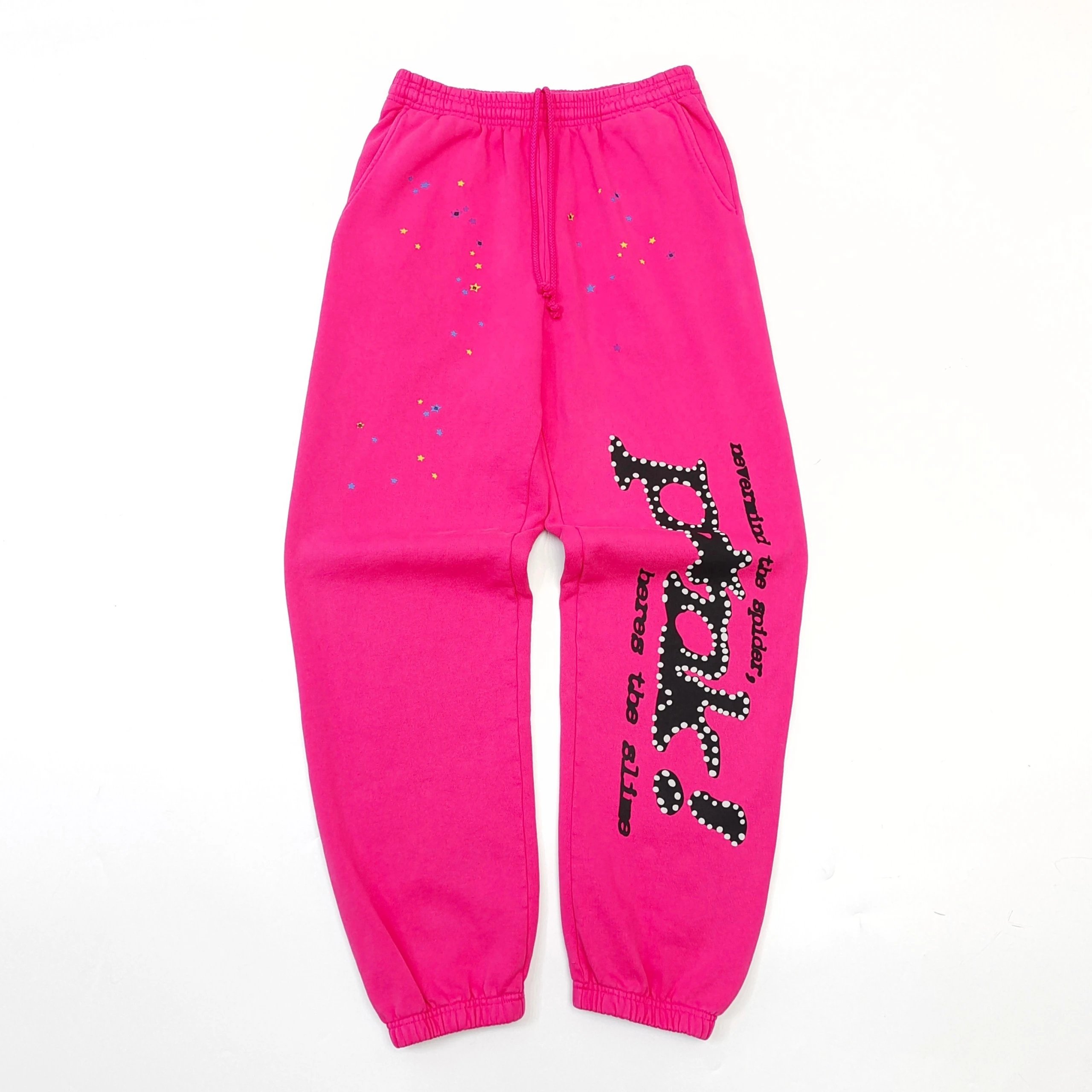 Sp5der Logo Sweatpants in Hot Pink - black vertical branding and cuffed ankles