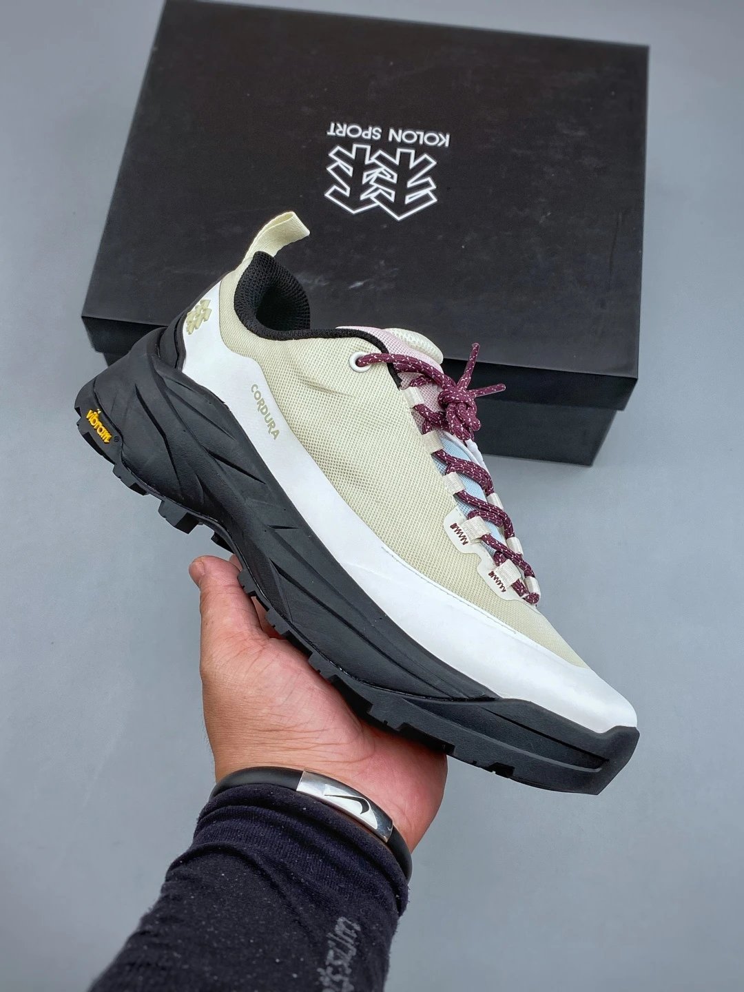 Norda Trail Runners in Cream and Black with Treaded Trail Sole
