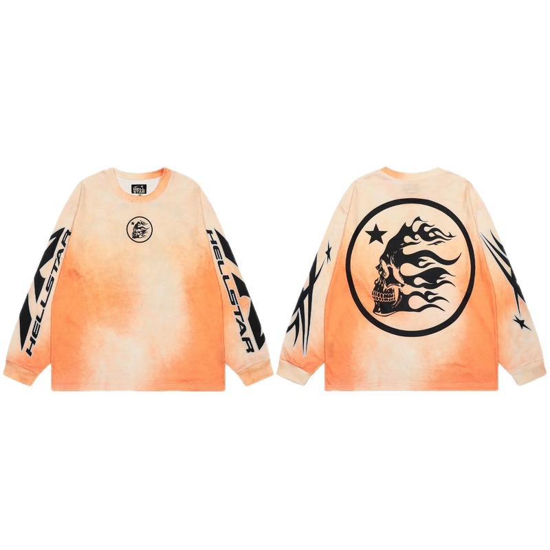 Hellstar Skeleton Flame Street Style Orange-dyed Long Sleeve T-Shirt