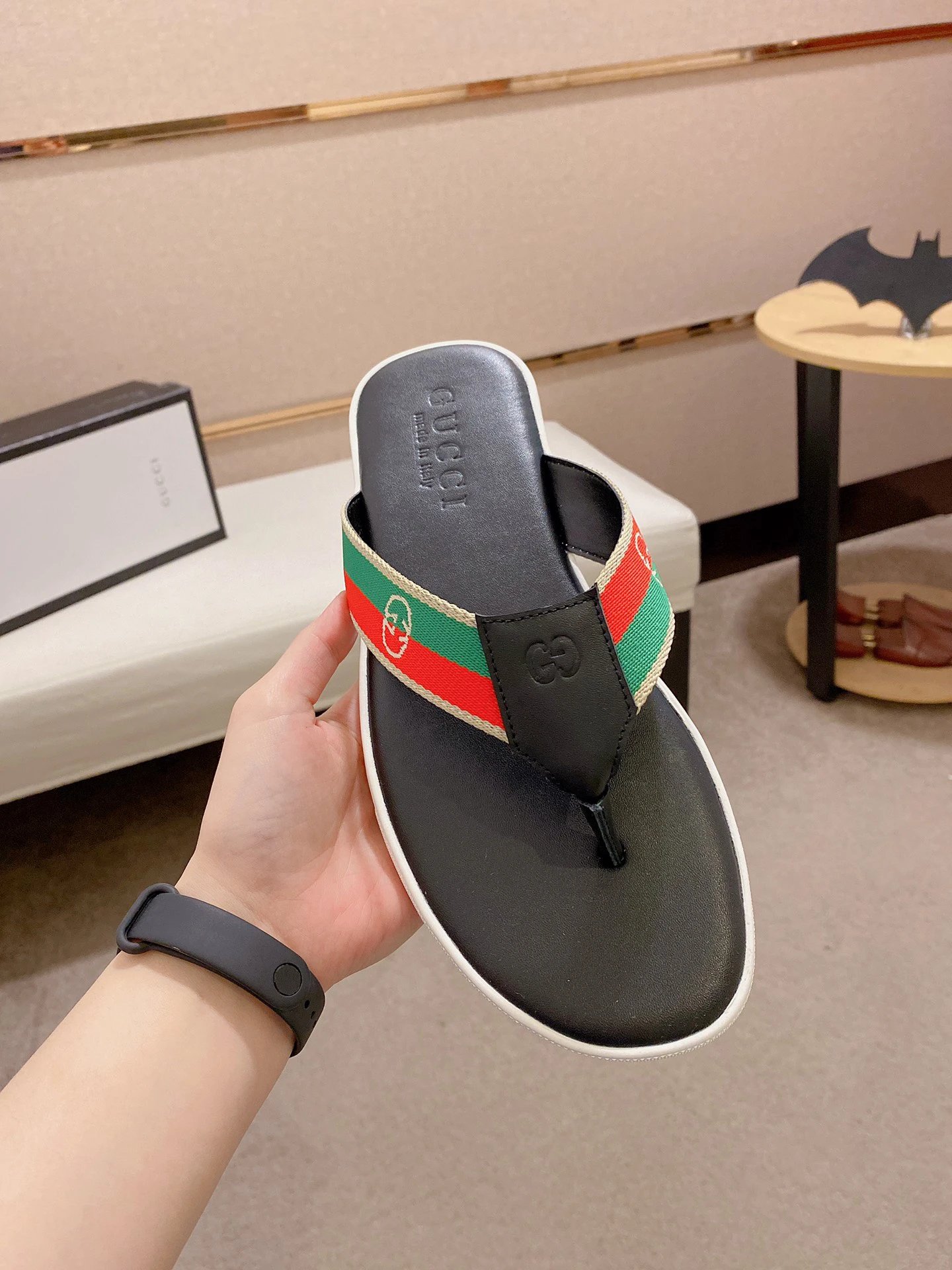 Gucci Classic Webbing Stripe Casual Black Flip-Flops
