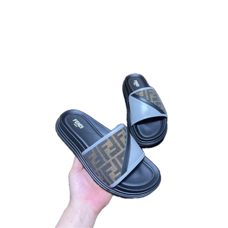 Fendi FF Monogram Casual Grey-Paneled Slides