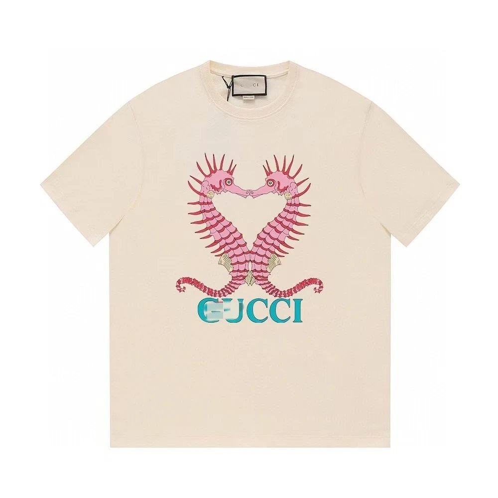 Gucci Seahorse Print Trendy Off-white Short Sleeve T-shirt