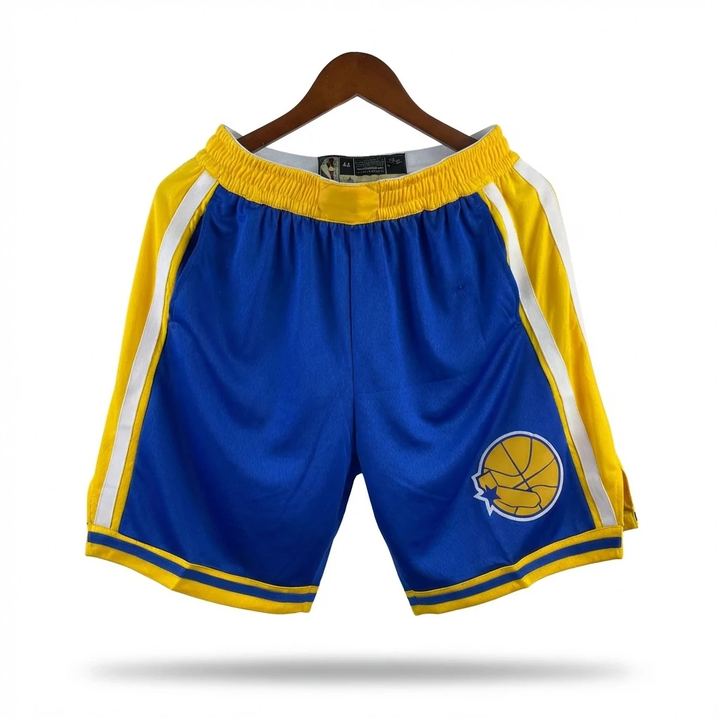 The retro blue and yellow shorts of the Golden State Warriors for Curry.