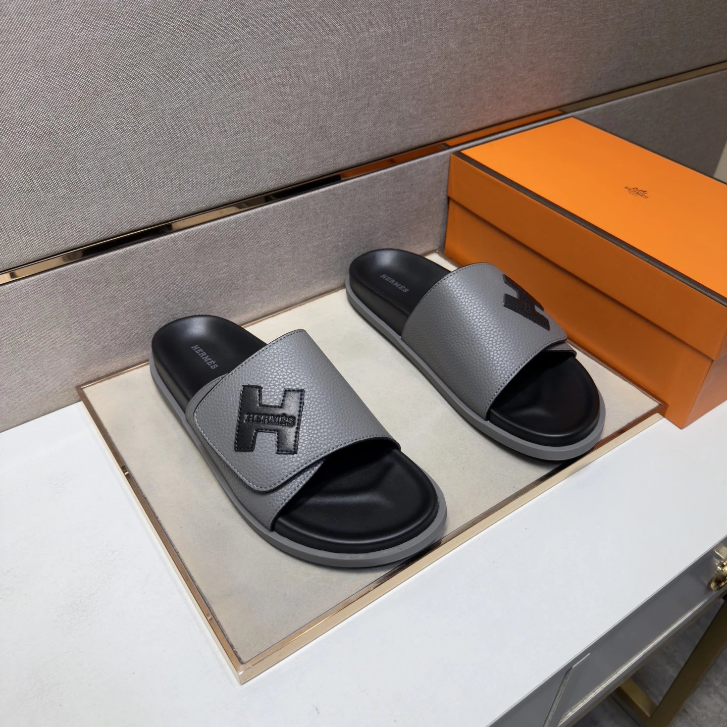 Hermès H Collection Minimalist Style Grey and Black Slide Sandals
