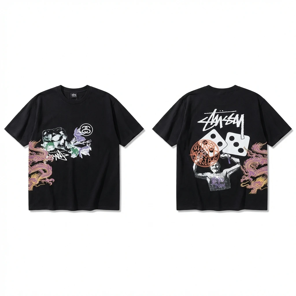 Stussy-printed trendy black T-shirt