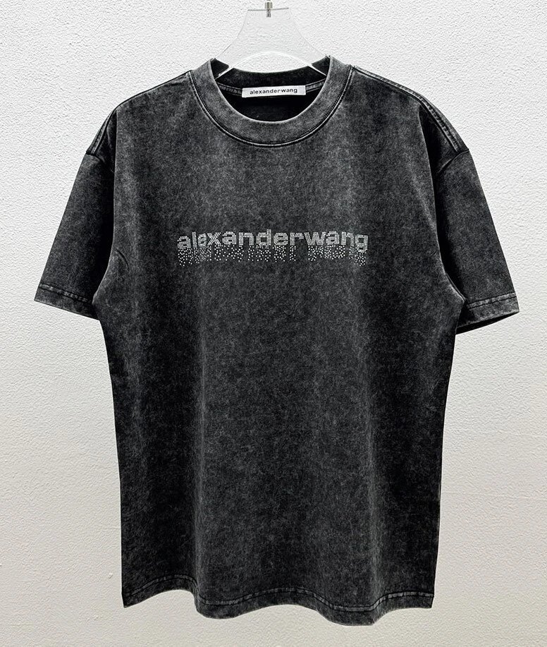 Alexander Wang Rhinestone-embellished Distressed Charcoal Black Short-sleeve T-shirt