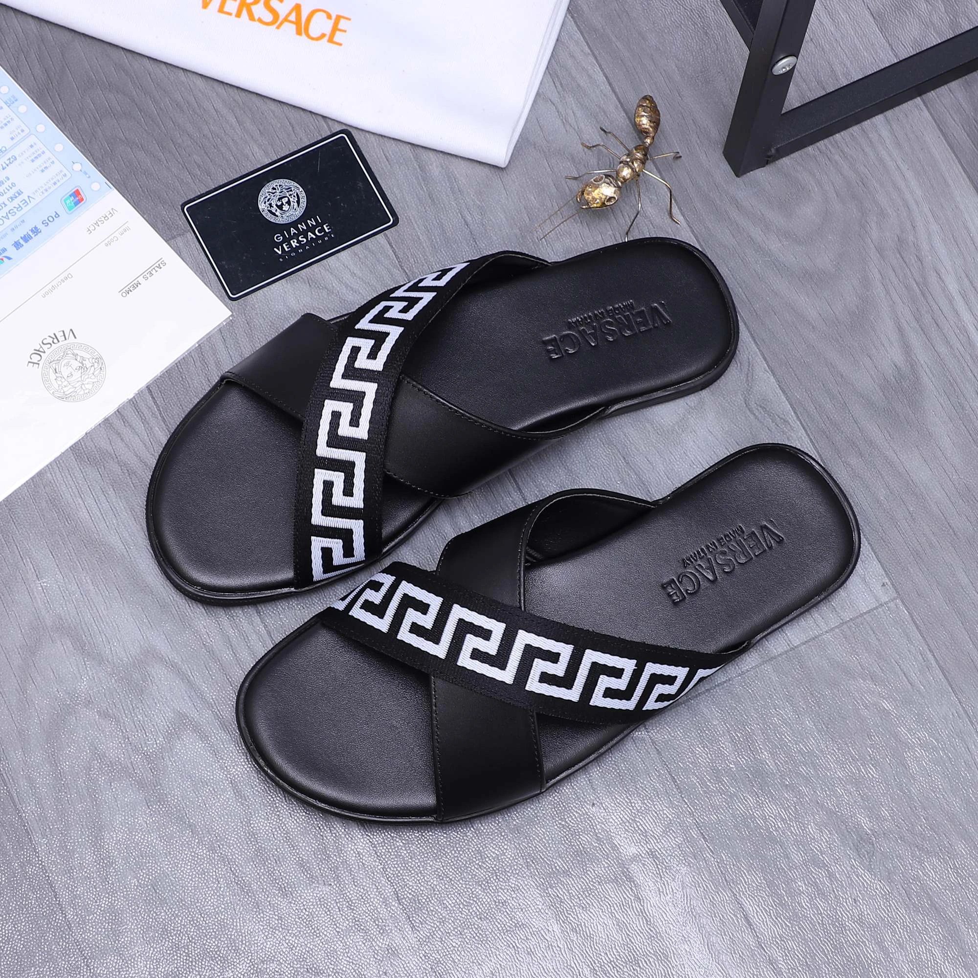 Versace Greek Key Casual Style Black Slide Sandals