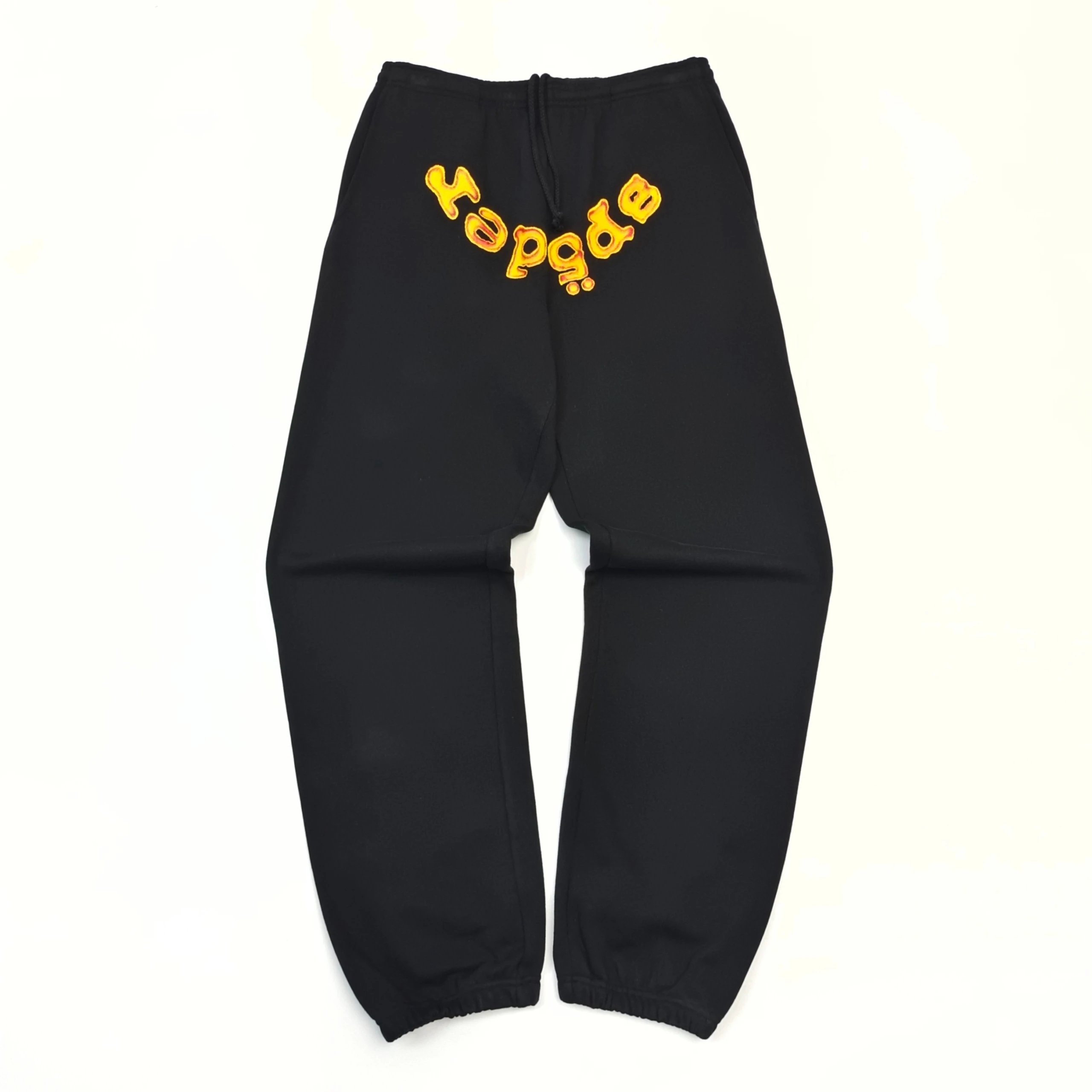 Bold Yellow Wordmark Graphics And Cuffed Hems Black Sp5der Logo Sweatpants