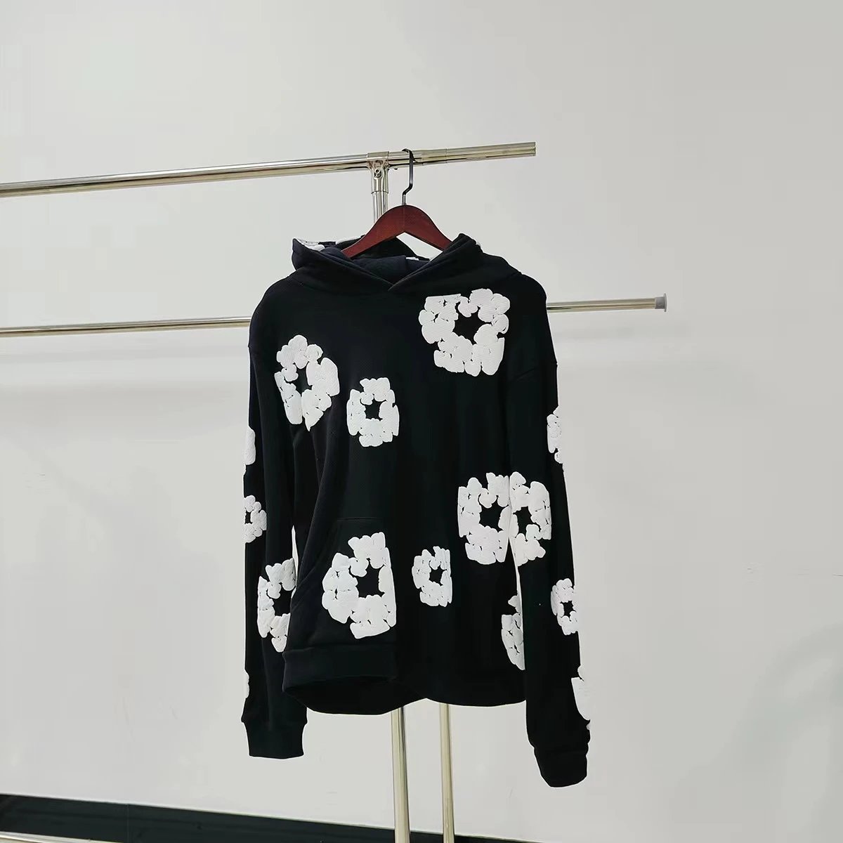Black Hoodie with Oversized White Flower Print