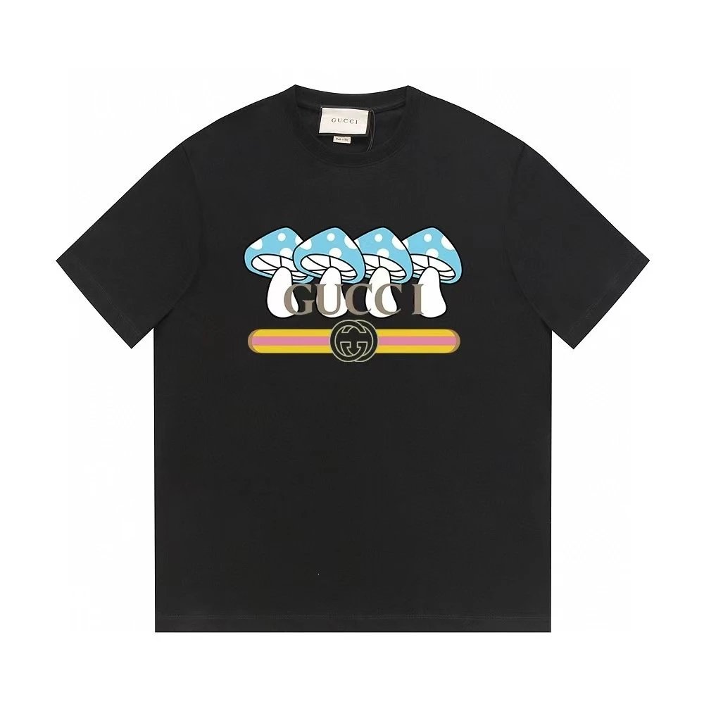 Gucci Mushroom Print Cool and Trendy Style Black Short-sleeve T-shirt