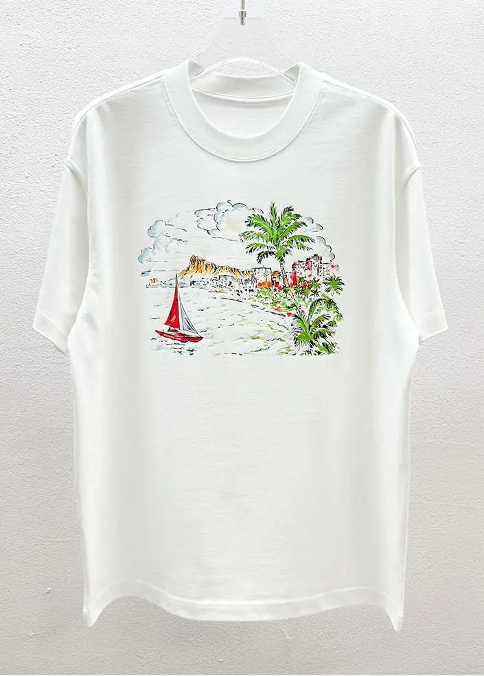AW Hand-painted Seaside Vacation Style White Short-sleeve T-Shirt