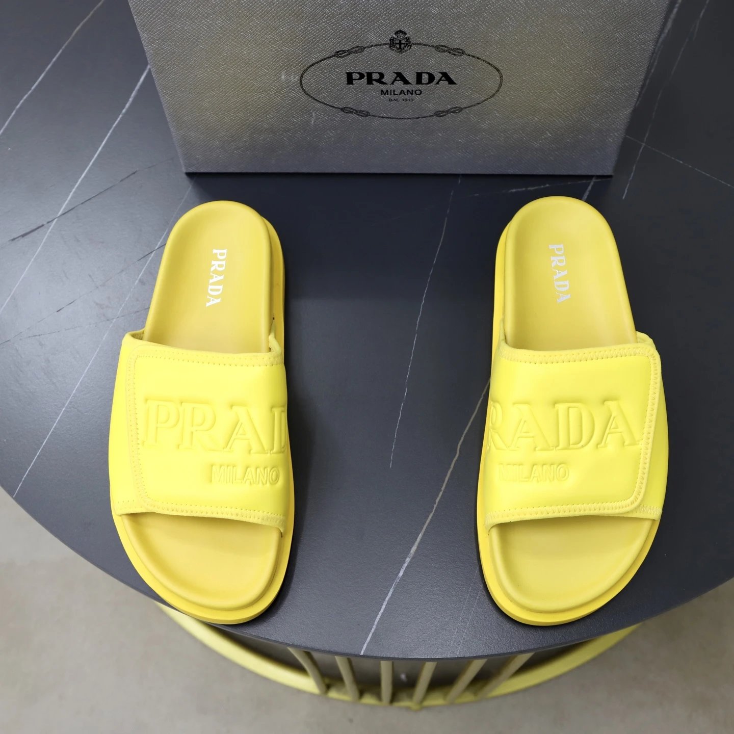 Prada Embossed Collection Minimalist Style Yellow Slide Sandals