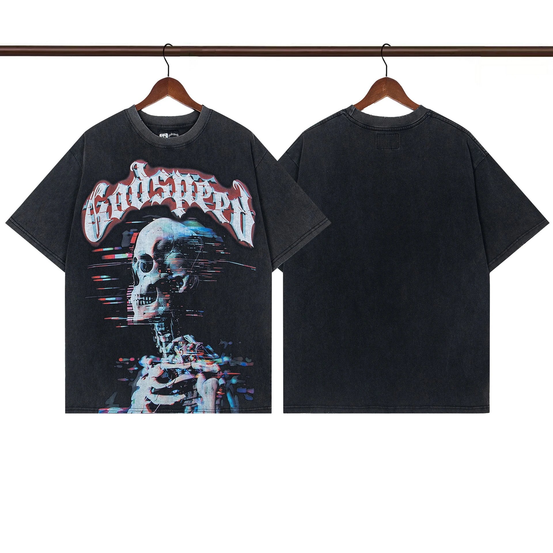 Godspeed Skull Print Street Style Distressed Black T-Shirt