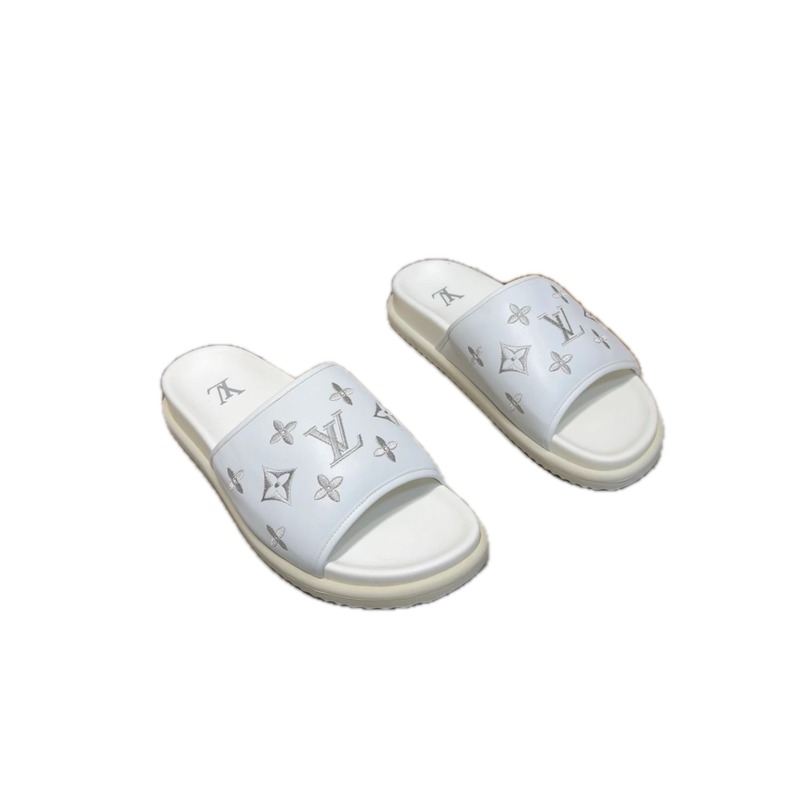 Louis Vuitton Monogram Embroidered Trendy Style White Slippers