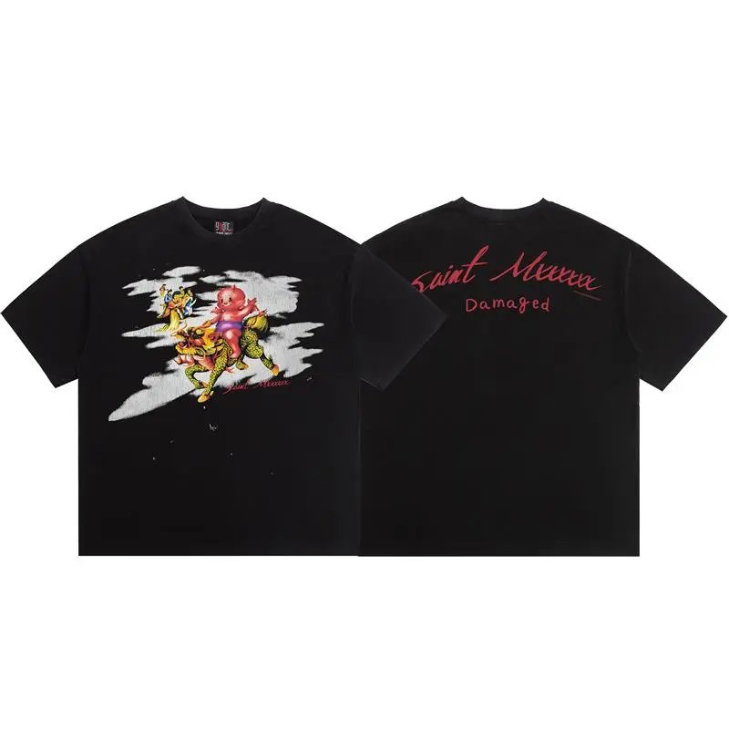 SAINT Damaged Vintage Chinese Style Black Short-sleeve T-shirt