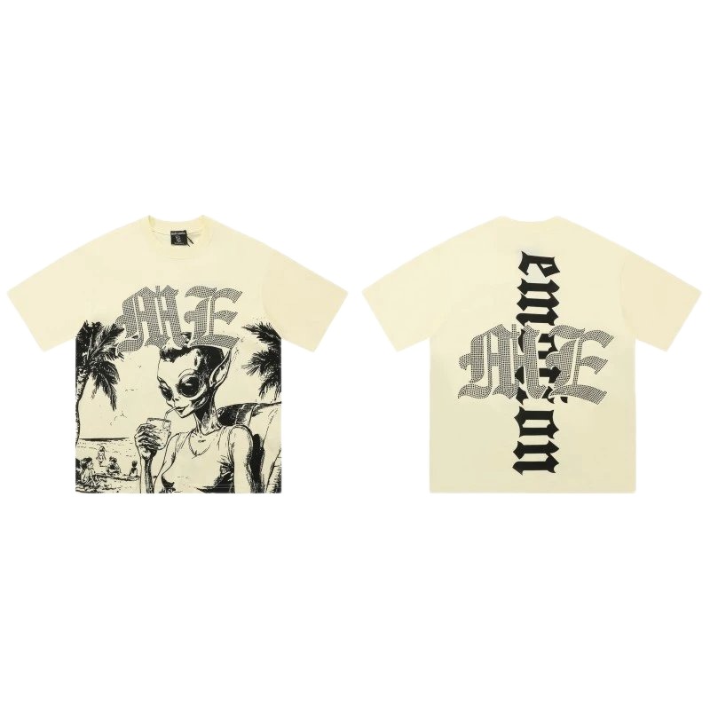 Mixed Emotion Alien Print Street Style Beige T-Shirt