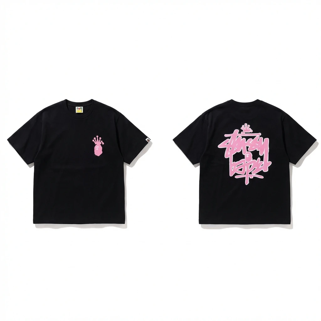 Bape black-based pink-label trendy and cool short-sleeve T-shirt