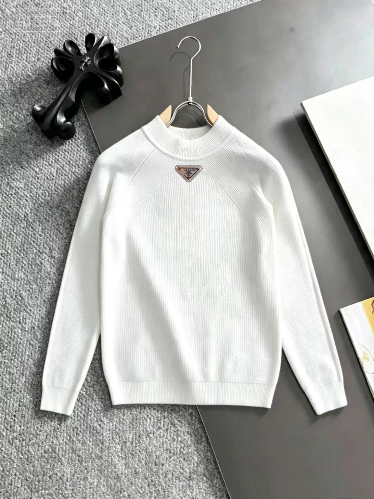 White Crewneck Knit Sweater with Prada Crewneck Sweater with Zip Detail