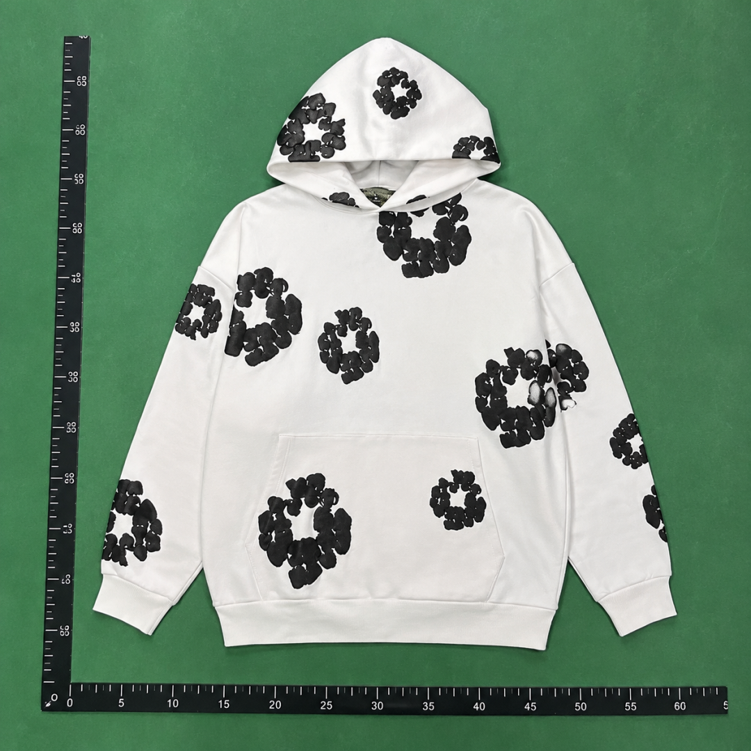 White Hoodie with Black Flower Pattern QC photo