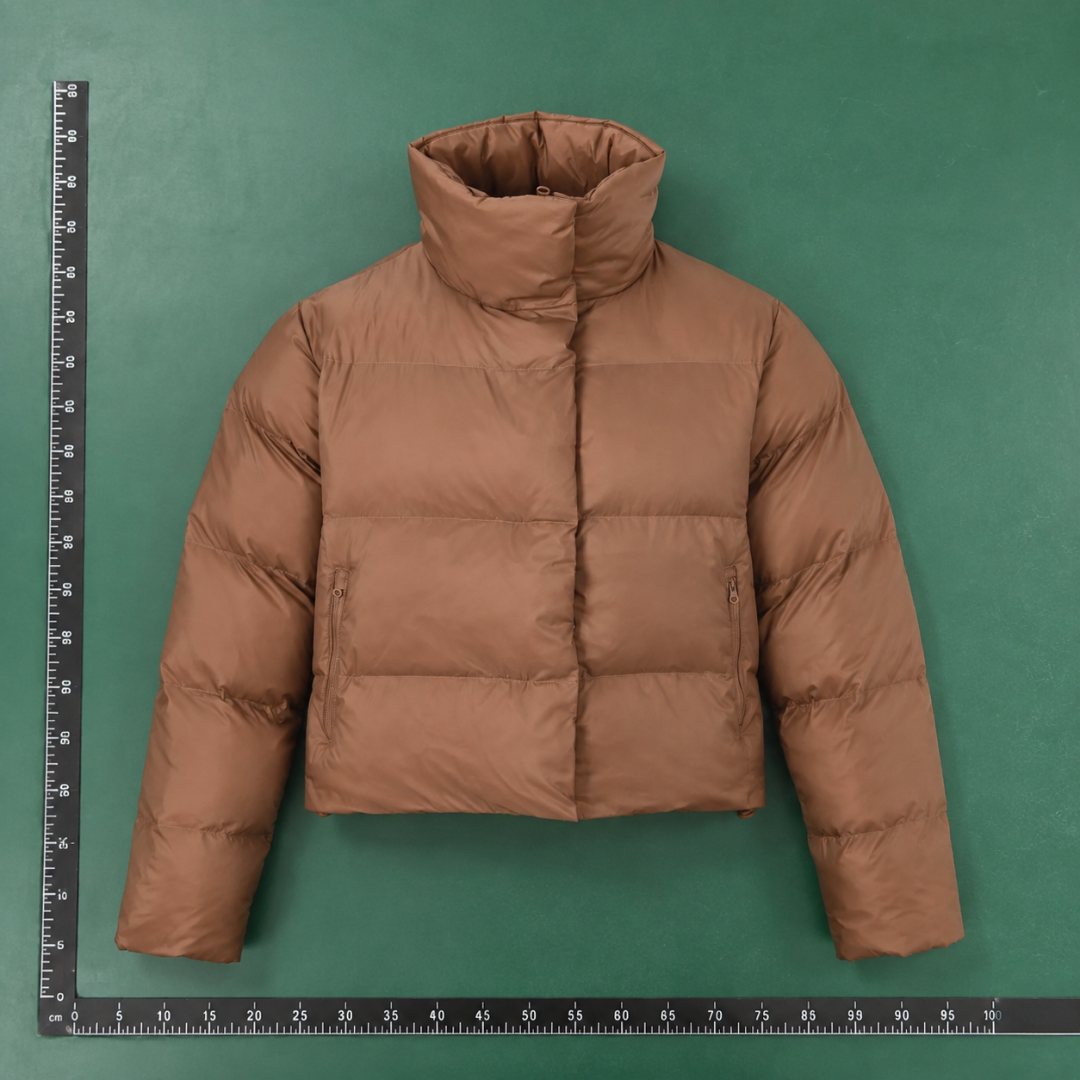 Wide Baffles And A Cropped Cold-Weather Fit Warm Brown Stand-Collar Puffer Jacket QC photo