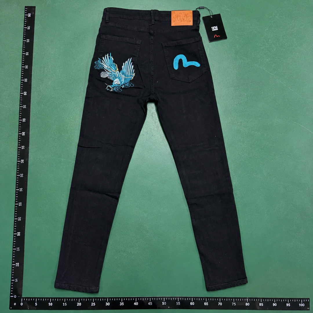 Evisu Graphic Jeans with colorful back motif and fitted denim profile in Black QC photo