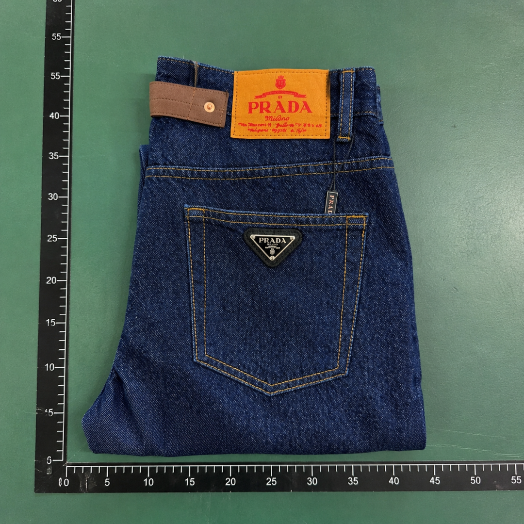 Streetwear Prada Logo Jeans with triangle branding and a statement leather back patch QC photo