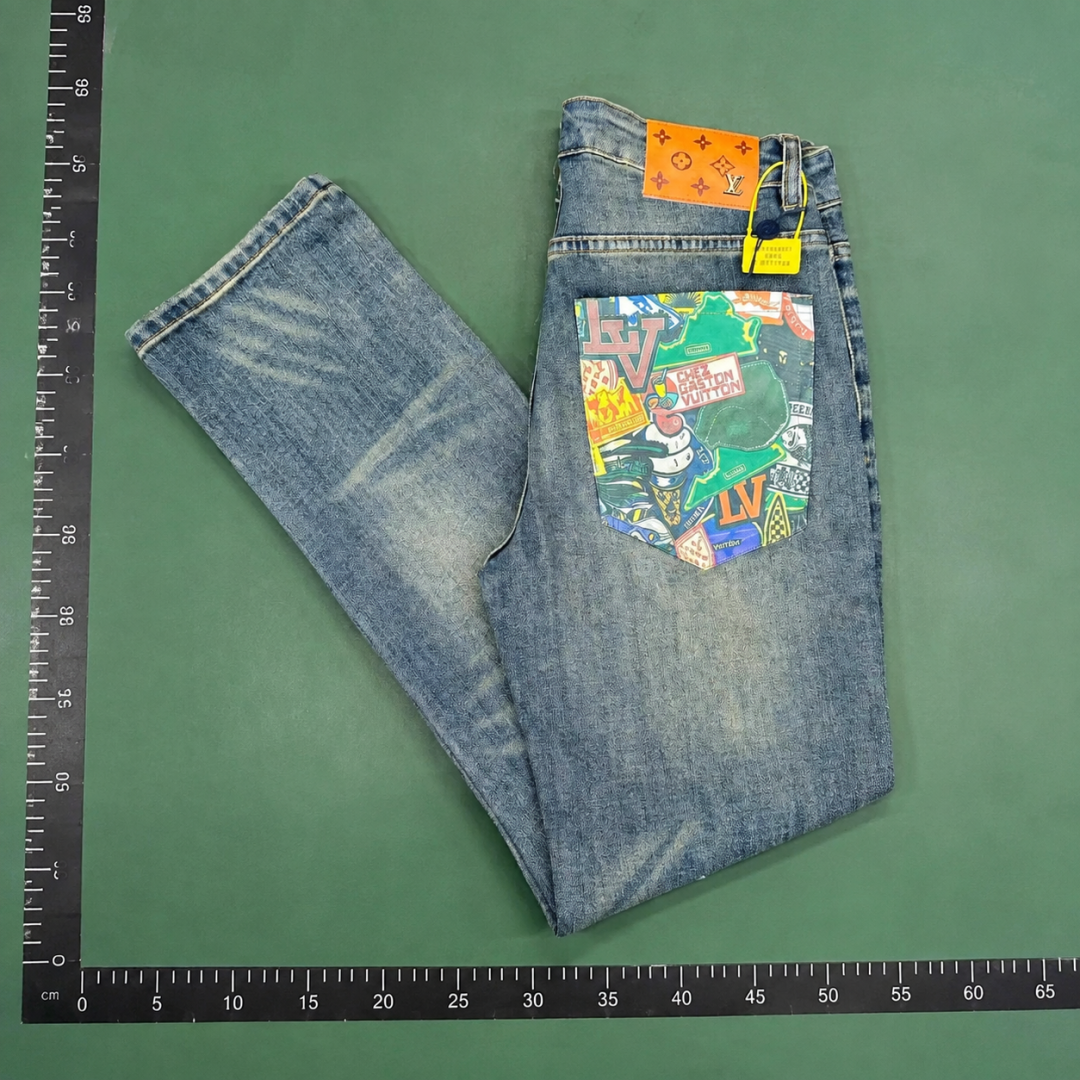 Louis Vuitton Washed Blue Collage Pocket Jeans Modern Edit QC photo
