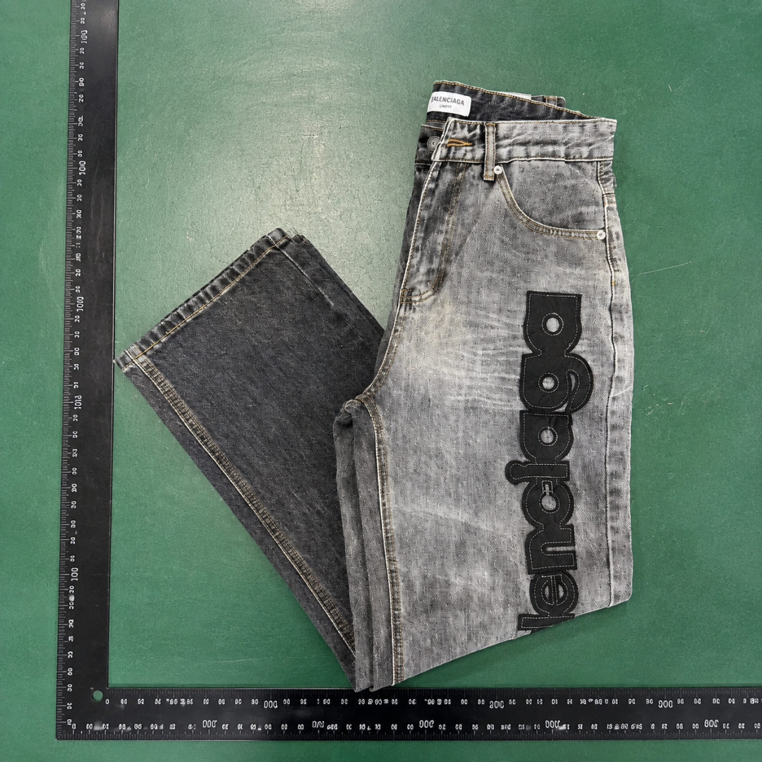 Balenciaga Logo Jeans with large side script branding and a faded leg in Gray Wash QC photo