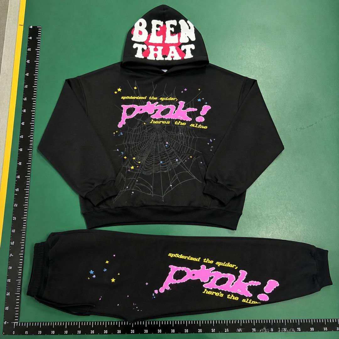Streetwear Sweatpants with bright pink graphics and a relaxed cuffed fit - Sp5der Layering Edit QC photo