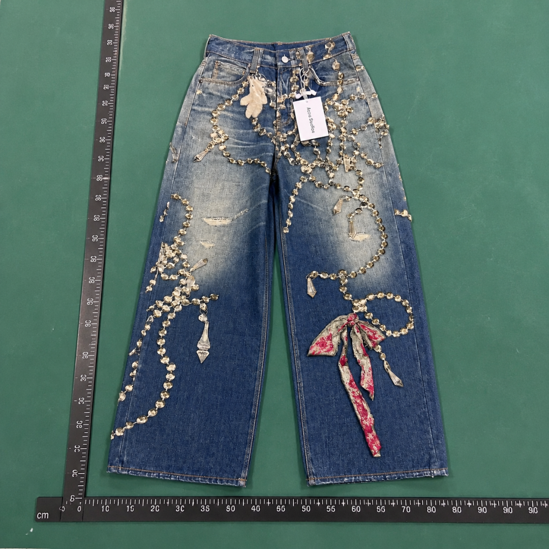 Chain-Like Trim Washed Indigo Chrome Hearts Embellished Wide Jeans QC photo