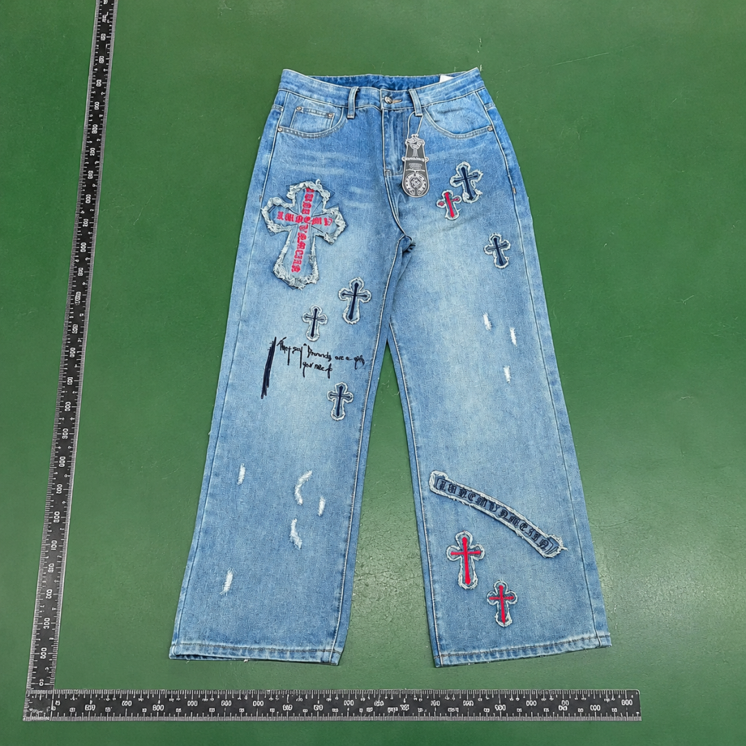 Casual Chrome Hearts Cross Graphic Jeans - Light Blue QC photo