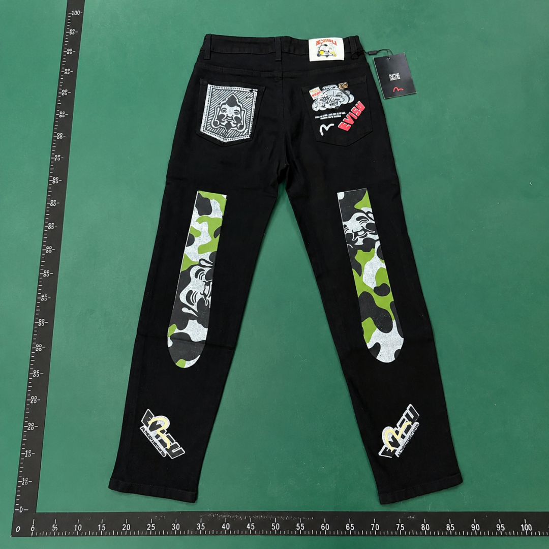 Evisu Weekend Patchwork Jeans with camouflage inserts and mixed graphic badges QC photo