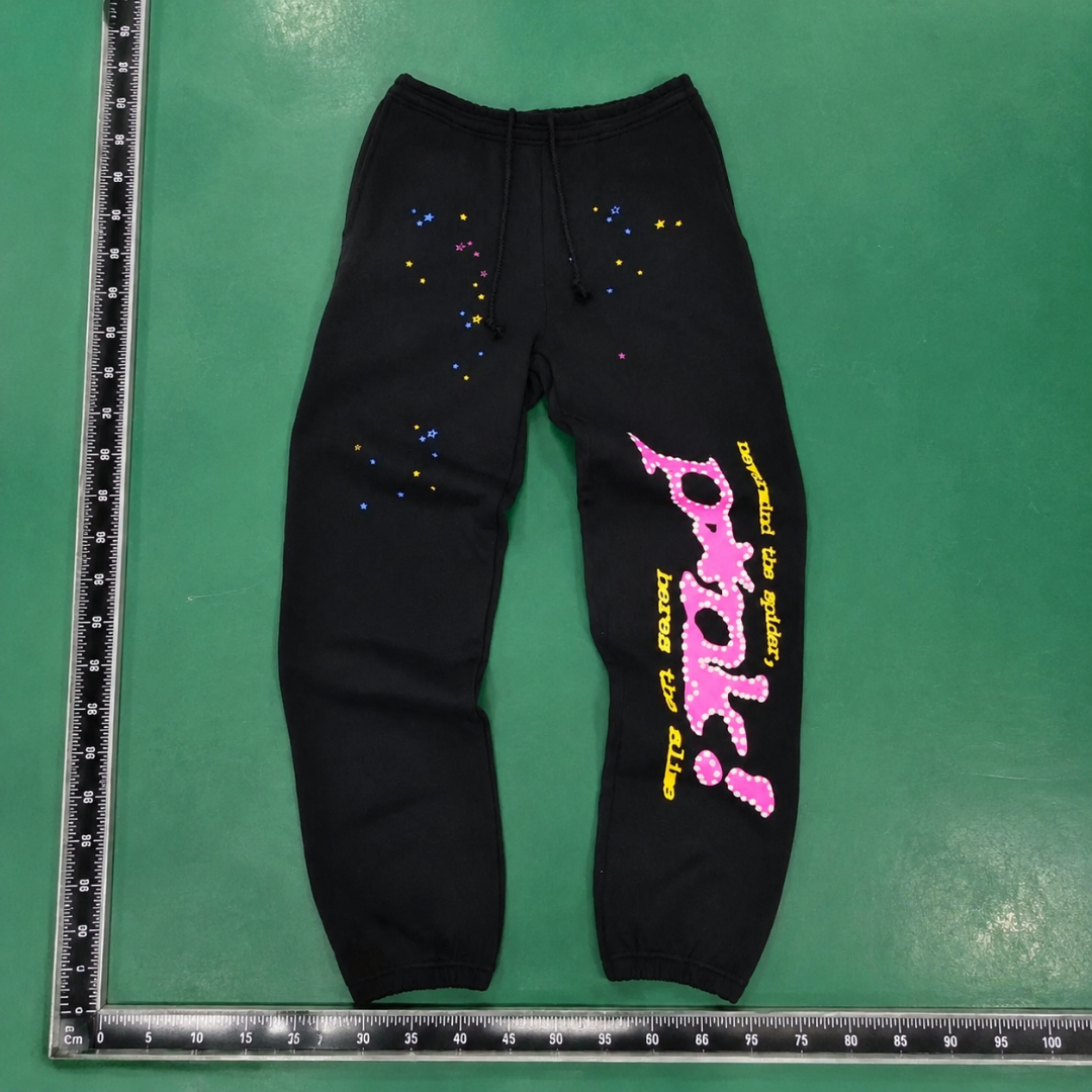 Bright Pink Side Lettering And Paint Speckles Logo Sweatpants - Sp5der Layering Edit QC photo