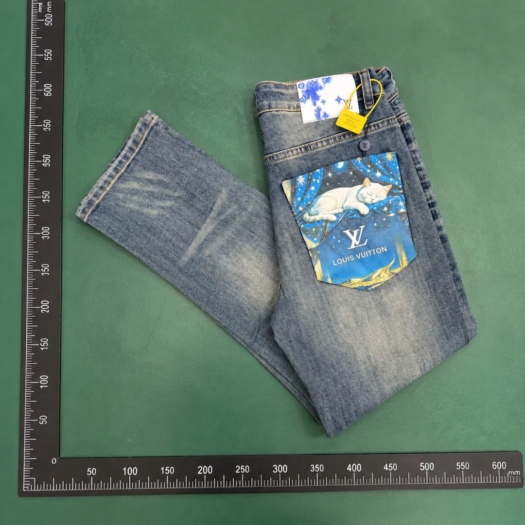 Louis Vuitton Graphic Pocket Jeans with colorful illustrated LV back panel in Washed Blue QC photo