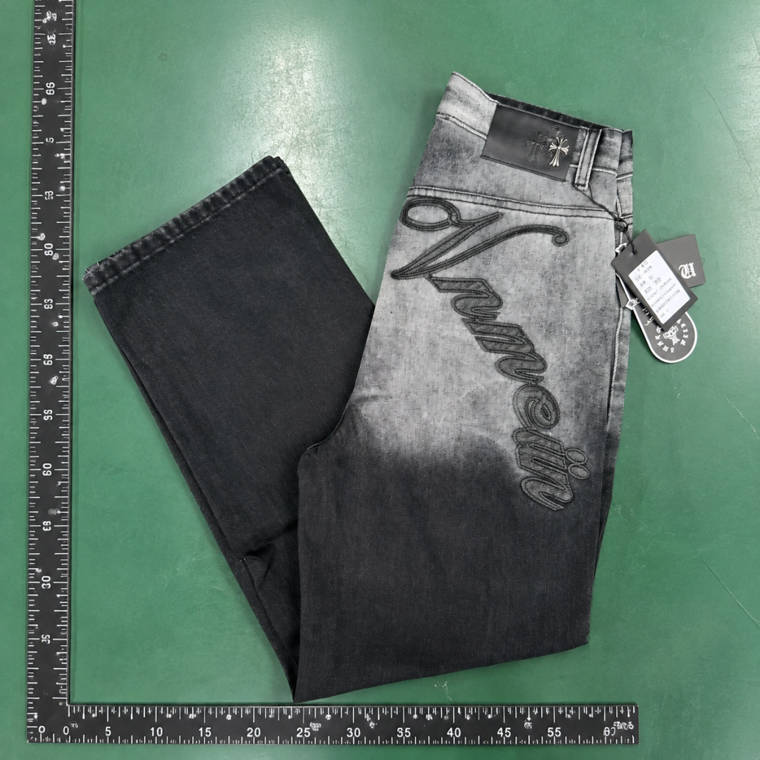 Large Script Branding And A Contrast Fade Gray Wash Moncler Logo Jeans QC photo
