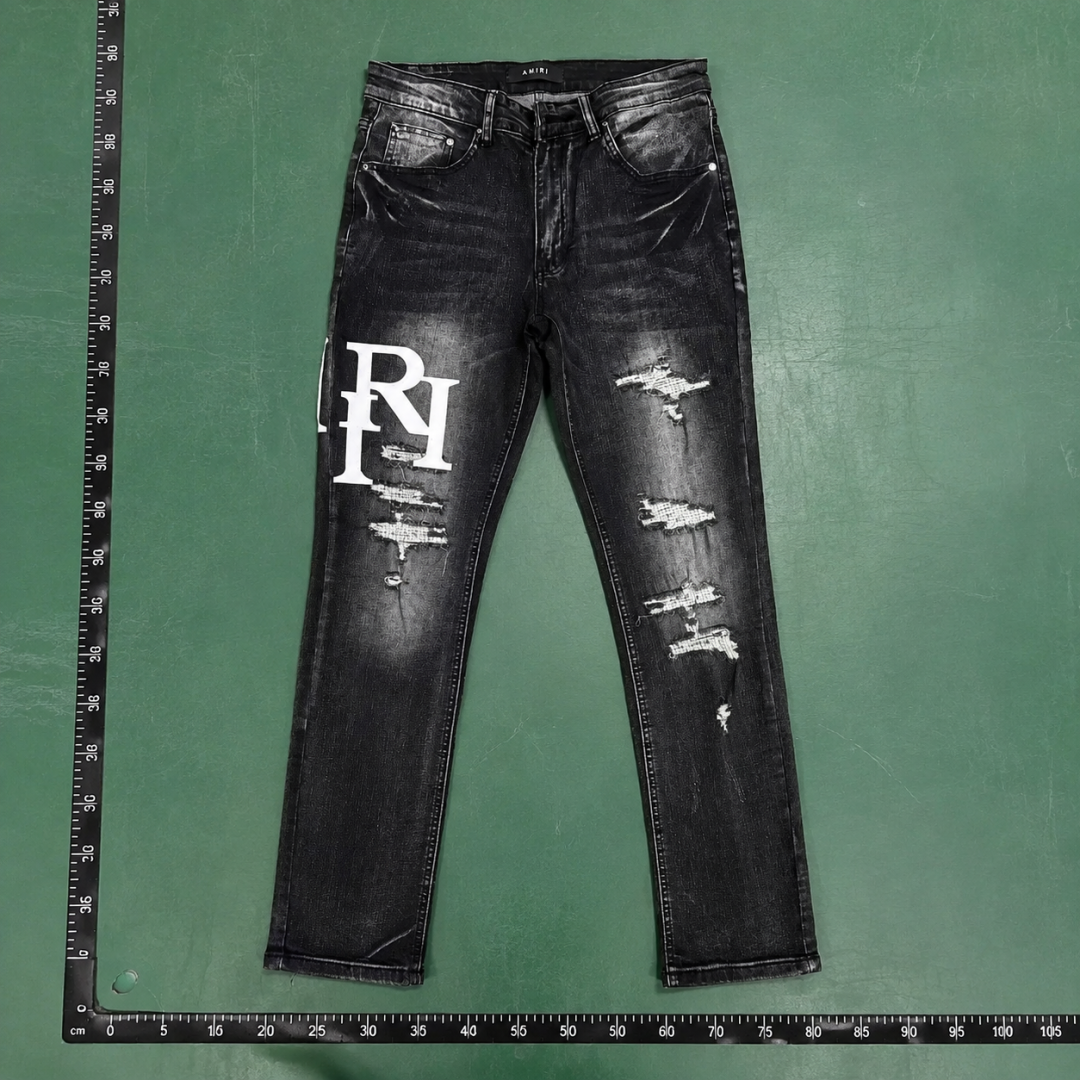 Represent Weekend Distressed Logo Jeans - large white monogram and ripped slim-leg detailing QC photo