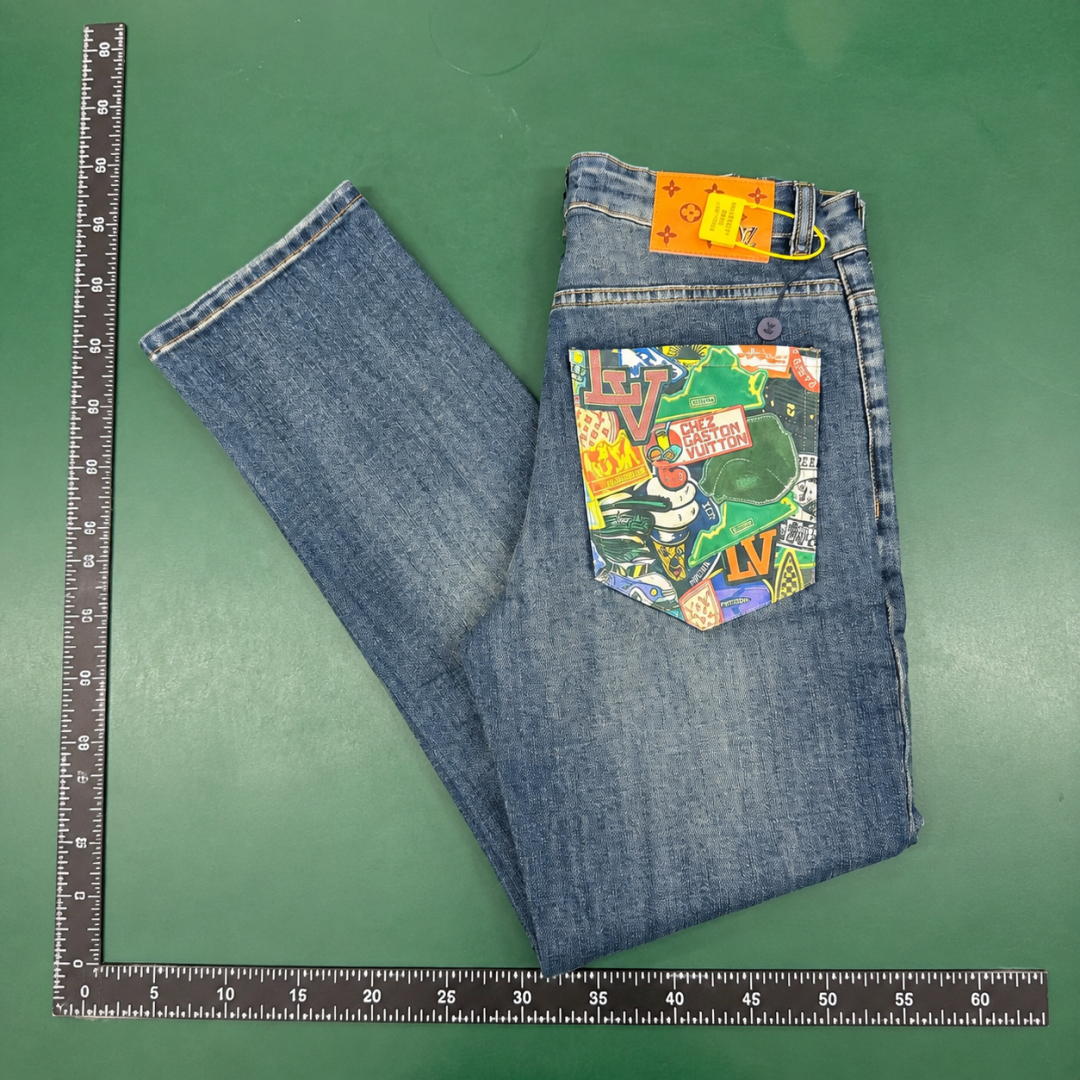 Washed Blue Louis Vuitton Collage Pocket Jeans - Streetwear Edit QC photo